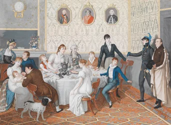 Biedermeier interieur met een theegenootschap